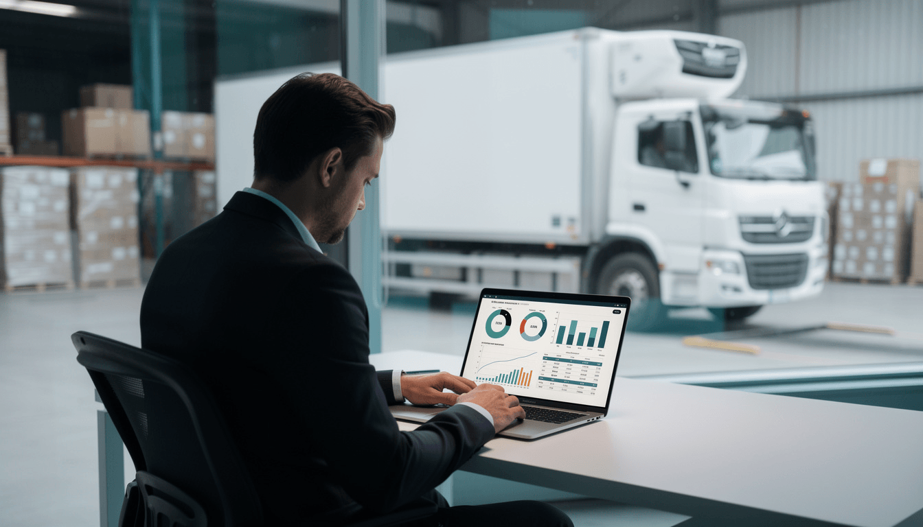 Business owner analyzing refrigerated transport pricing and logistics costs