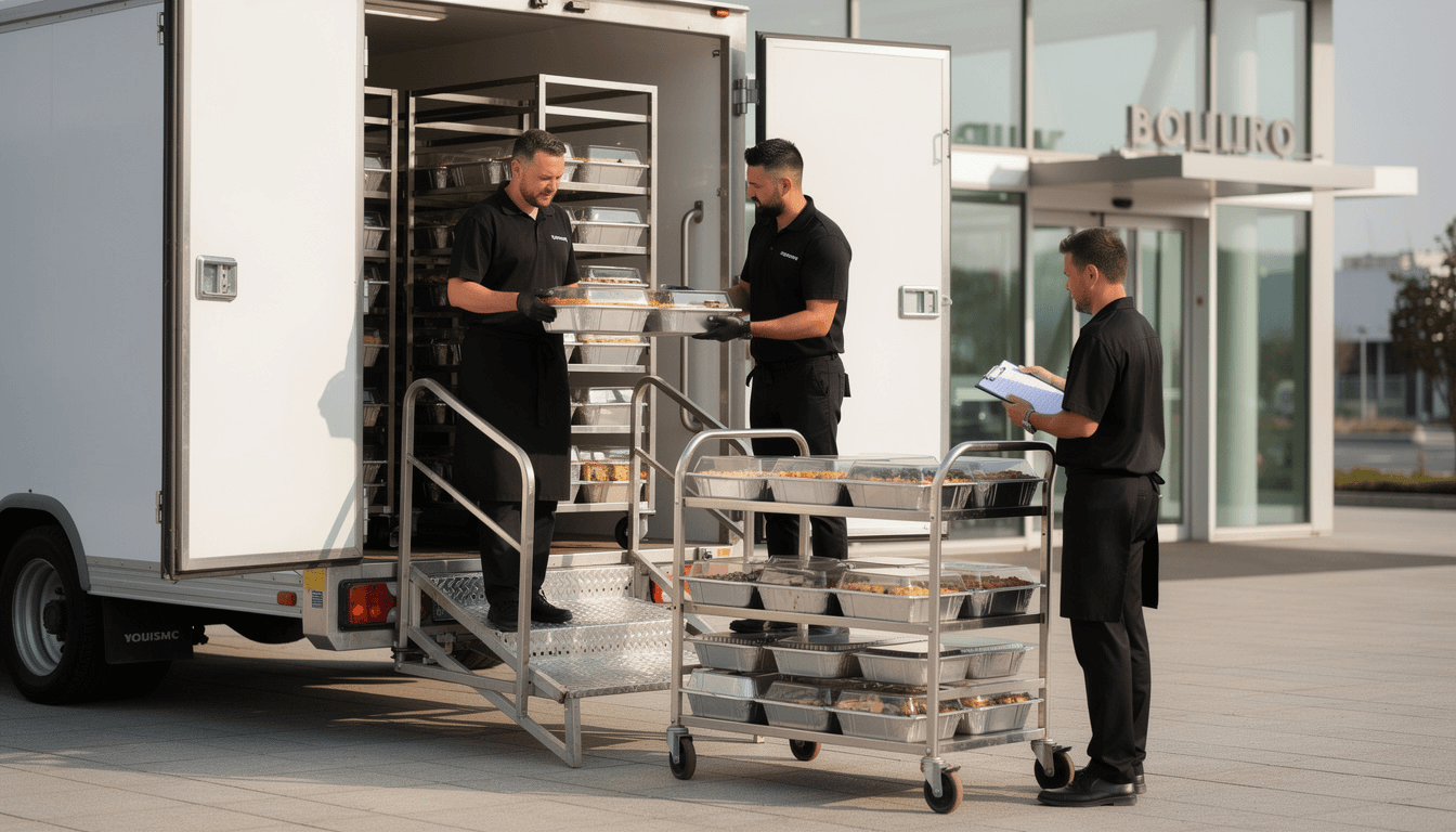 Catering team unloading chilled food from a refrigerated van at a Perth event venue