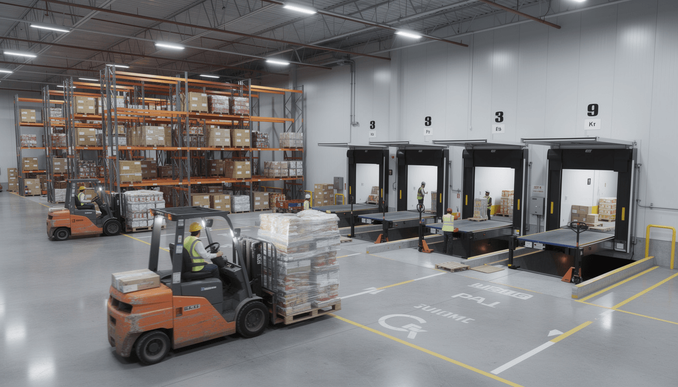 Large-scale cold storage warehouse with pallets of wholesale food ready for distribution